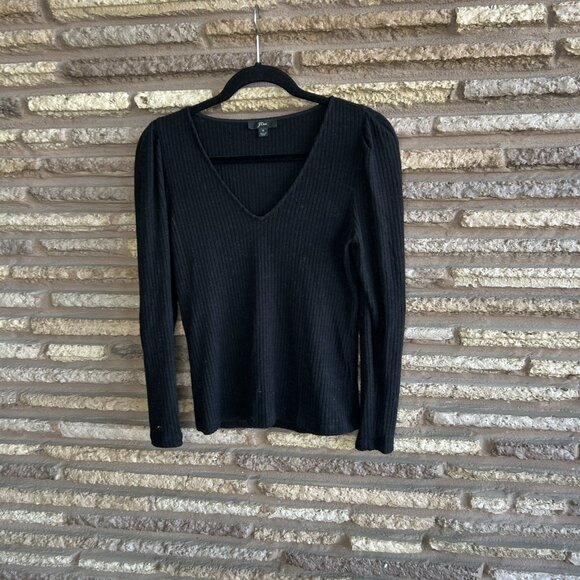 J. Crew Black Ribbed Knit Puffed Sleeves V Neck Casual Sweater Size Small - Picture 5 of 6